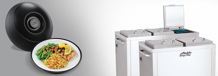 Aladdin Temp Rite Insulated Bases on the right side of the image and a black food tray displaying a warm meal on the left