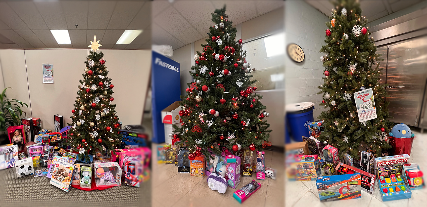 United Way Holiday Toy Drive, Christmas trees with presents underneath