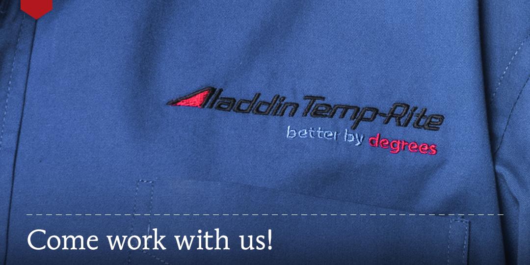 Image of Aladdin Temp-Rite blue shirt with text "Come work with us!"